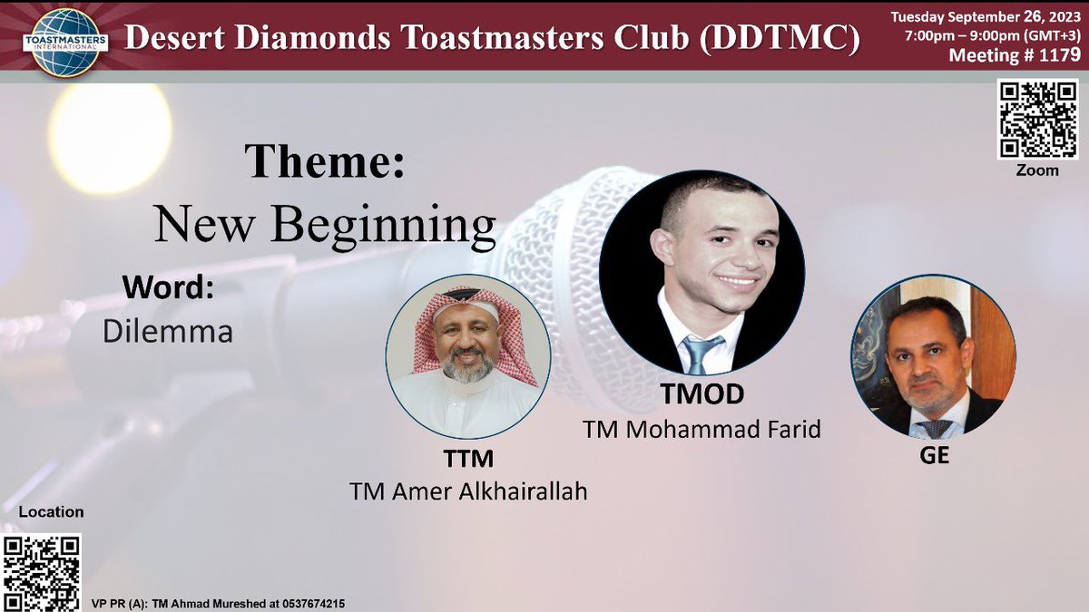 DDTMC9462's tweet image. You are welcome to Desert Diamond Toastmasters Club hybrid meeting on Tuesday 19 Septmber 2023.

Physical Location (GASCO HQ)
goo.gl/maps/MK9H2cjsw… 

us06web.zoom.us/j/86415393950?…
💻Meeting ID: 864 1539 3950💻
💻Passcode: ddtmc 

#toastmasters
#TOASTMASTERS
#TOASTMASTER