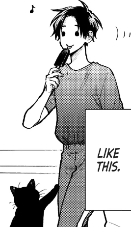 KonnoAkane's tweet photo. Even the ice cream that Hachita constantly eats in Nusumi's company has a rather playful innuendo at Gaku-sensei's. And the lettering on Kumatani's T-shirt: SAL-HMM? 😏 
#うらみちお兄さん
#uramichioniisan
#熊谷はち太
#hachitakumatani
#usahara #kumatani
#兎熊 https://t.co/Ogr0i71MBZ