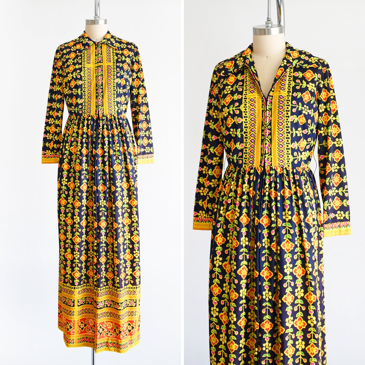 RustBeltThreads's tweet image. New: vintage 70s navy and gold floral maxi dress w/ zip up front ✨ rustbeltthreads.com/products/vinta…