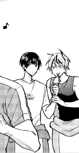 KonnoAkane's tweet photo. Even the ice cream that Hachita constantly eats in Nusumi's company has a rather playful innuendo at Gaku-sensei's. And the lettering on Kumatani's T-shirt: SAL-HMM? 😏 
#うらみちお兄さん
#uramichioniisan
#熊谷はち太
#hachitakumatani
#usahara #kumatani
#兎熊 https://t.co/Ogr0i71MBZ