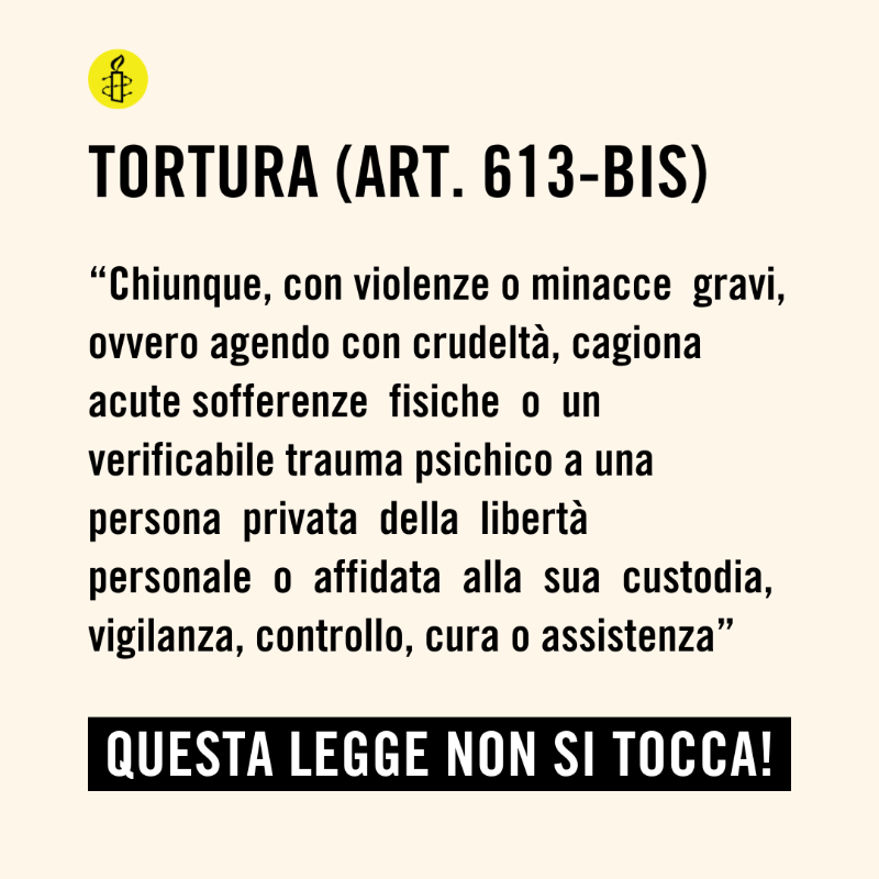 amnestyitalia's tweet photo. 🔴Il reato di tortura non si tocca!

Questa importante conquista nel campo dei diritti umani, introdotta nel codice penale italiano solo nel 2017, è già a rischio.

Un reato così ripugnante non deve restare impunito. 

Firma ora l'appello!