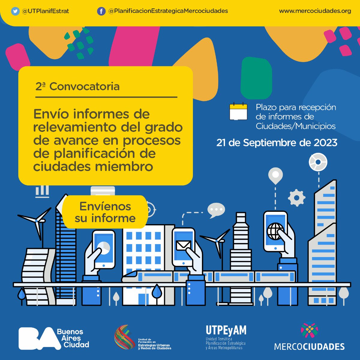 UTPlanifEstrat's tweet photo. Invitamos a las ciudades miembro de @mercociudades a la Segunda Convocatoria para realizar el Relevamiento acerca de la planificación en los gobiernos locales de la Red. Hay tiempo hasta el 12 de octubre.
ESPAÑOL:
https://t.co/3bh3ypvgw9
PORTUGUES:
https://t.co/O0PLwo7axi https://t.co/8dRW8jnKjg