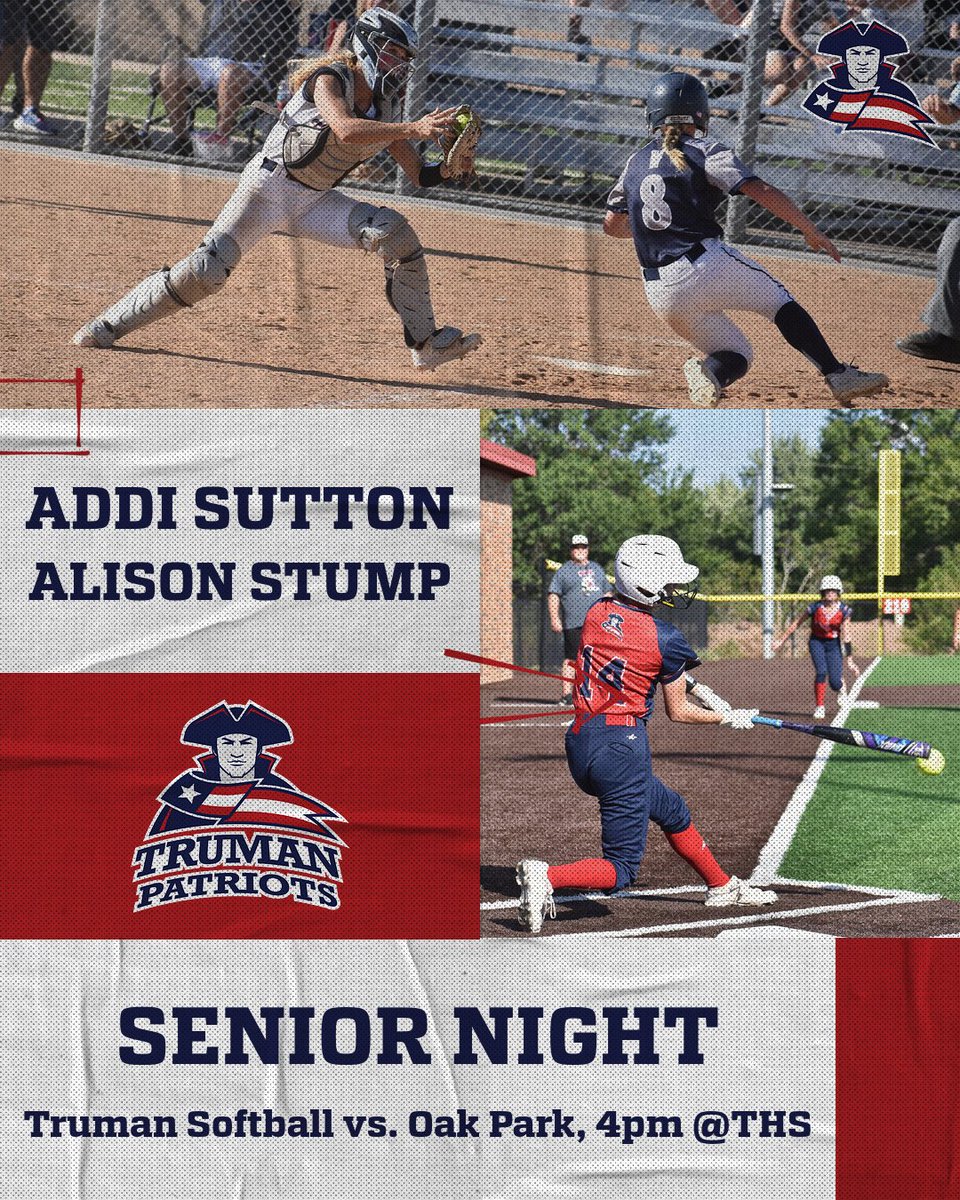 ***SENIOR NIGHT***

🚨GAMEDAY🚨
🥎Truman Patriots vs. Oak Park Lady Oakies🥎
⏰4:00PM⏰
📍Truman High School📍

<a href="/TrumanSBall/">Truman Softball</a> <a href="/GoTrumanPats/">Truman Activities Office</a> <a href="/MrsRScott/">Ronda Scott</a> <a href="/THSPatriots/">THSPatriots</a> @ZinkeEJC <a href="/AlthausEJC/">Bill Althaus</a>