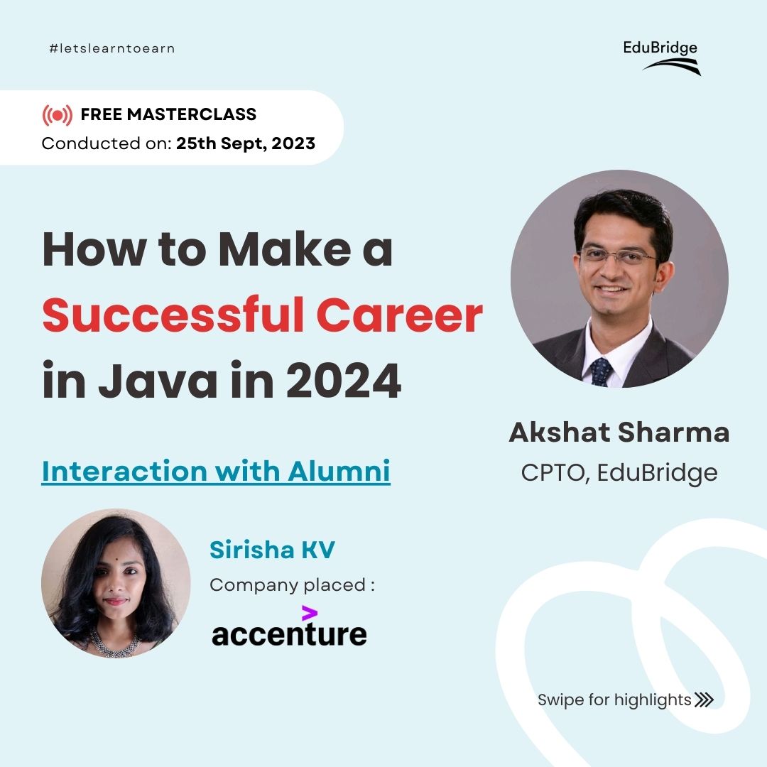 EduBridgelearn's tweet image. Special thanks to Akshat Mohan Sharma, CPTO of EduBridge, for delivering an insightful Masterclass on September 25th titled "How to make a Successful Career in Java in 2024".
Register for our JAVA course : bit.ly/3KQZMZm
#FullStackJavaCourse #JavaFullStack