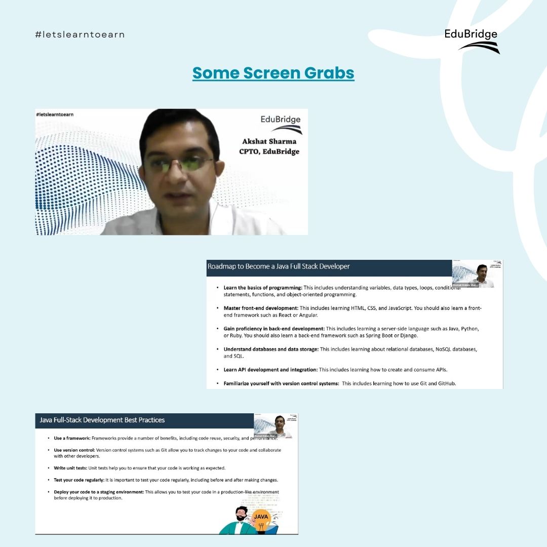 EduBridgelearn's tweet image. Special thanks to Akshat Mohan Sharma, CPTO of EduBridge, for delivering an insightful Masterclass on September 25th titled "How to make a Successful Career in Java in 2024".
Register for our JAVA course : bit.ly/3KQZMZm
#FullStackJavaCourse #JavaFullStack