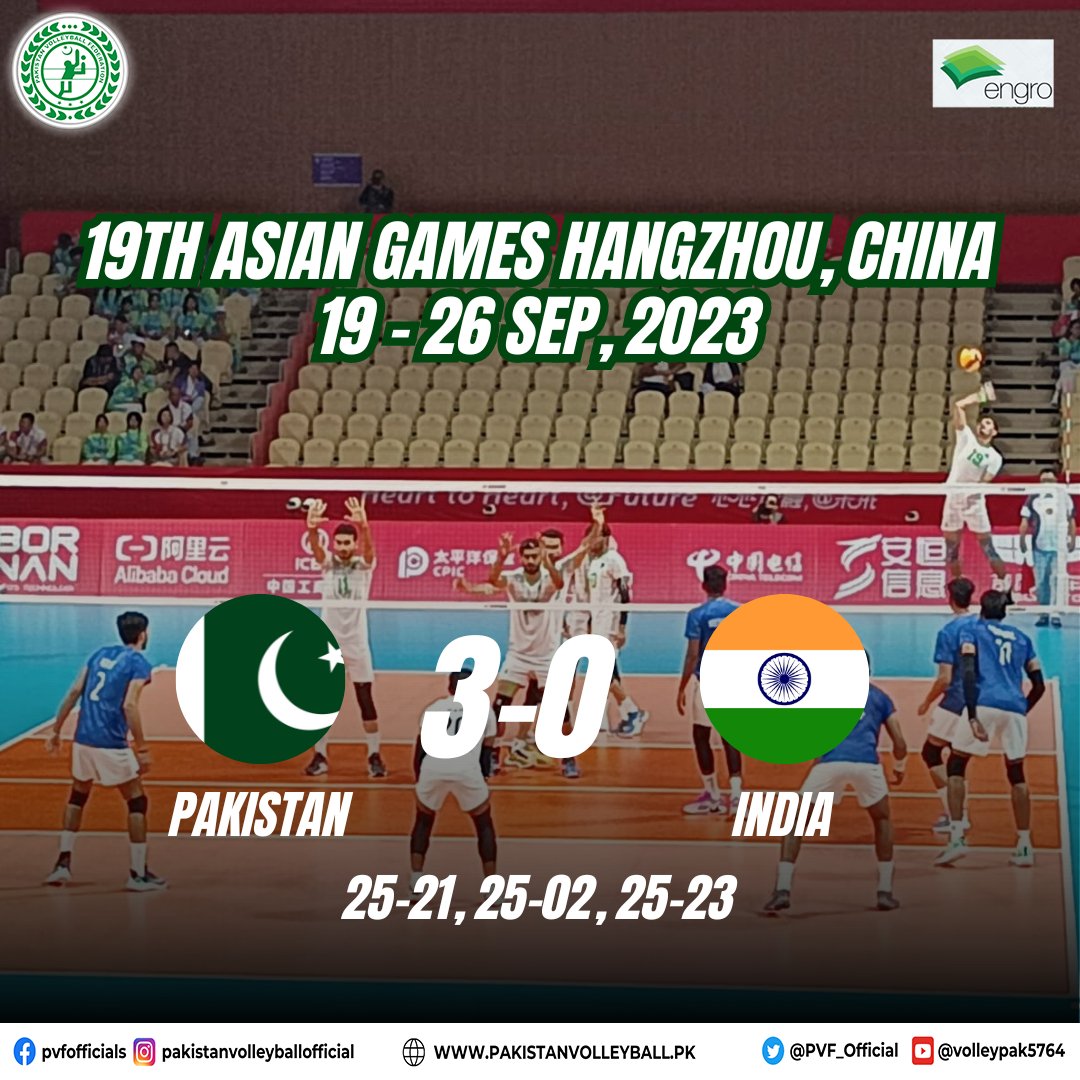PVF_Official's tweet photo. 🏐🇵🇰 Historic Win! Pakistan National Senior Men's Team secures an incredible 3-0 victory against arch-rivals India in the 19th Asian Games.

With sensational sets points of 25-21, 25-20, 25-23, our team's outstanding performance has left us cheering for more.@EngroCorp https://t.co/jPJZpcgfeQ