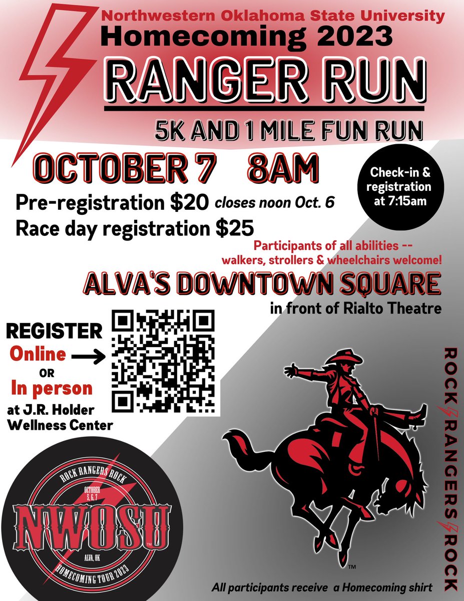 NWOSU's tweet photo. The lower pre-registration fee for the 5K Ranger Run and 1-mile Fun Run closes at noon on Oct. 6 for the Oct. 7 race.
5K route: https://t.co/96hpKwXhMz
1 Mile Fun Run route: https://t.co/4SsgRSiHEE
Look for registration form at https://t.co/3E0rMPaiyy
#NWHoco https://t.co/KZEz3D2M2R