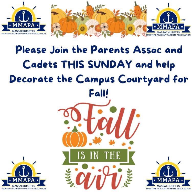 All are Welcome! Please Join the MMAPA and our Cadets this Sunday, Oct 1st at 11:00am or earlier and help Decorate the Courtyard for Fall! We have lots of Hay Bales, Cornstalks, Mums and Pumpkins! Great day to drop off CANDY for Halloween Hallway!