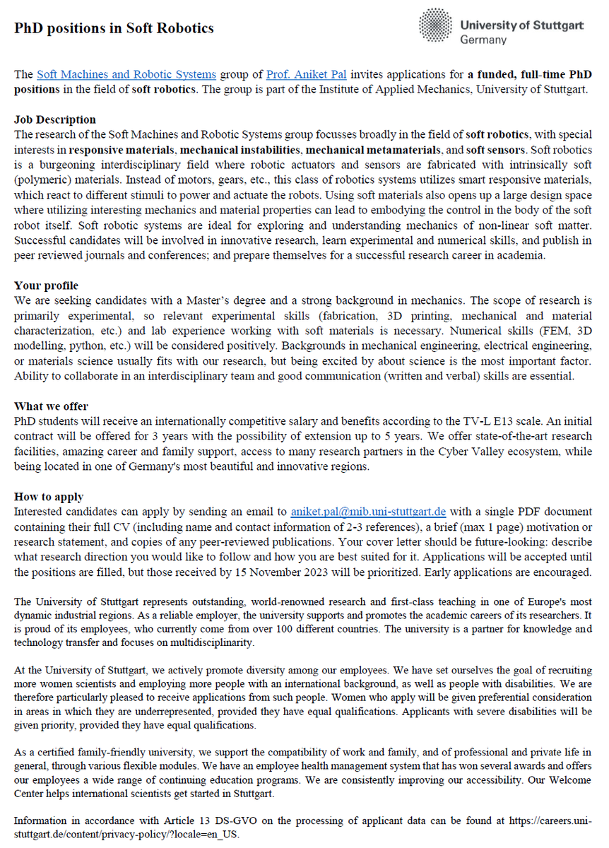 Join us! Check out the open positions in soft robotics in our group at Uni Stuttgart!
sites.google.com/view/palaniket…

If you are interested in soft actuators and flexible mechanical metamaterials, get in touch by email! Please RT!

#SoftRobotics #PhDposition @ResearchGermany