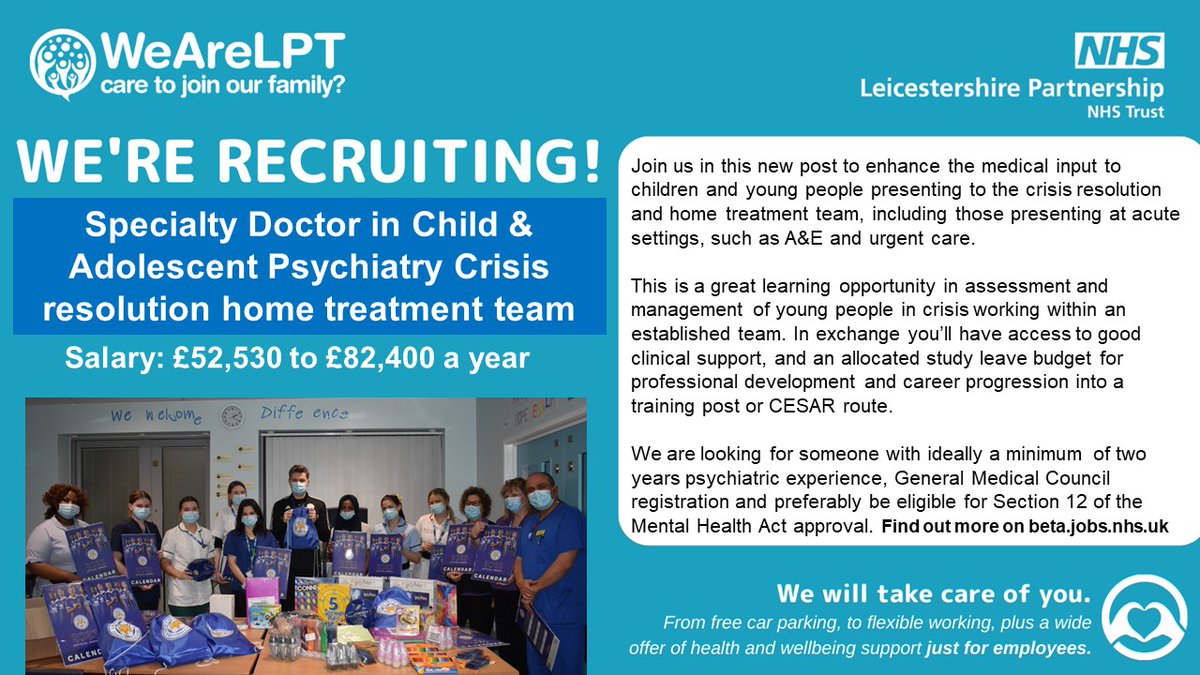 We are seeking a new Specialty Doctor for our Child and Adolescent Psychiatry Crisis Resolution Home Treatment Team. 
This is a great learning opportunity with excellent career development support. 

Apply now 👇
beta.jobs.nhs.uk/candidate/joba…

<a href="/rcpsych/">Royal College of Psychiatrists</a> <a href="/lptjobs/">LPT Jobs</a>