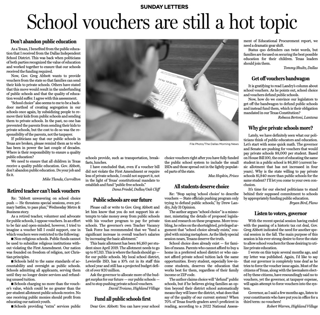 Church folks all over Texas are gravely concerned about a private school voucher program that Texans neither need nor want. They are letting their voices be heard, including this powerful letter from retired #txed teacher and <a href="/FUMCDallas/">First UMC, Dallas</a> lay leader Dana Friedel. <a href="/dallasnews/">Dallas Morning News</a>