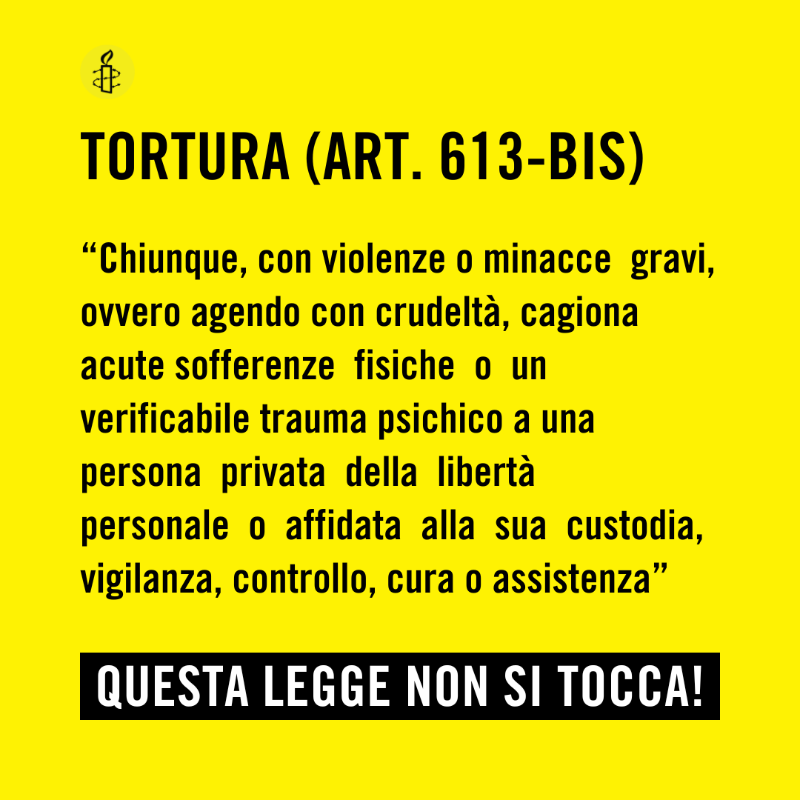 amnestyitalia's tweet photo. 🔴Il reato di tortura non si tocca!

Questa importante conquista nel campo dei diritti umani, introdotta nel codice penale italiano solo nel 2017, è già a rischio.

Un reato così ripugnante non deve restare impunito. 

Firma ora l'appello!