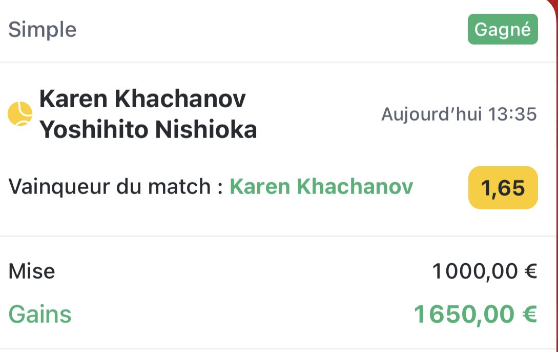 KPSPORTS_'s tweet photo. Boooum on encaisse✅

👉Khachanov 1,65✅

Mise perso 1000€🔥

La grosse confiance qui passe 💰

Merci à ceux qui soutiennent 🫶

Mon TikTok/insta : KingPronos17

#TeamParieur 

20 RT et 50❤️pour mon prochain prono https://t.co/hpXSD70kRn