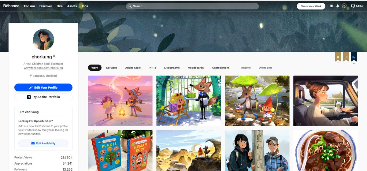 behance.net
✨ เว็บที่ illustrator ทุกคนควรมีไว้ลงงานค่ะ 
go go ออกสู่สายตาชาวโลก

เราได้งานจากต่างชาติหลายชิ้นเลยจากที่เค้ามาเจอในนี้
มันคล้ายๆเป็น portfolio ด้วยนะ จะโชว์งานทั้งหมดที่เราเคยลงไว้ในหน้าเดียว ดีมากๆแนะนำ ❤️❤️
#behance