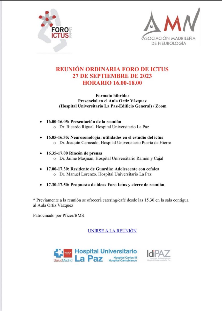 🚨⚠️ 𝗠𝗔𝗡̃𝗔𝗡𝗔 𝟮𝟳 𝗱𝗲 𝘀𝗲𝗽𝘁𝗶𝗲𝗺𝗯𝗿𝗲 ⚠️🚨

🧠📢 𝗥𝗲𝘂𝗻𝗶𝗼́𝗻 𝗙𝗼𝗿𝗼 𝗜𝗰𝘁𝘂𝘀 𝗠𝗮𝗱𝗿𝗶𝗱 📢🧠

📍𝗔𝘂𝗹𝗮 𝗢𝗿𝘁𝗶𝘇 𝗩𝗮́𝘇𝗾𝘂𝗲𝘇 (H. Universitario La Paz)

⏰ A las 𝟭𝟲:𝟬𝟬 ⏰

‼️💥 ¡¡No os lo perdáis!! 💥‼️