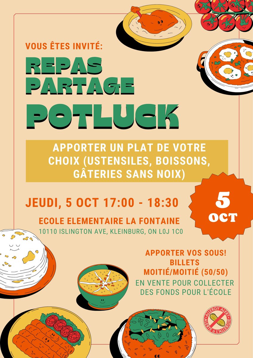 Le conseil d'école organise un 'repas partage' le 5 octobre 2023 de 17h00 à 18h30. 
Soyez les bienvenus pour rencontrer notre communauté et passer un moment avec nos parents et nos élèves.
Au plaisir de vous voir en grand nombre :)