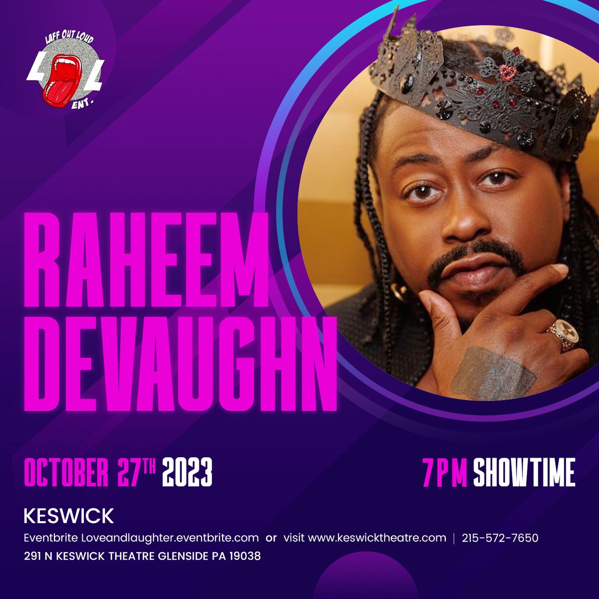 Experience Raheem DeVaughn's soulful serenades at Keswick Theatre on October 27th at 7 p.m. Get your tickets at keswicktheatre.com or call Raymond Anthony at 215-870-5564. Don't miss this unforgettable night of soul! 

#RaheemDeVaughnLive #KeswickTheatreConcert