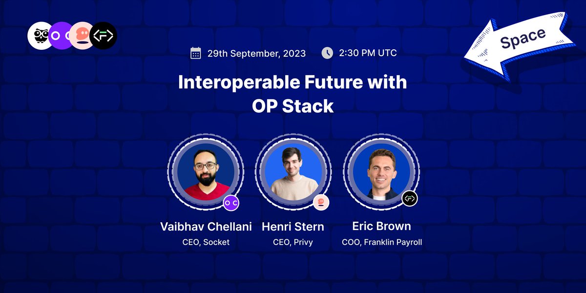Join us for an optimistic X Space on 29th Sep, 2:30 PM UTC, as we discuss 'Interoperable Future with OP Stack' with industry experts, Including: ▪️Vaibhav Chellani, Socket. ▪️Henri Stern, Privy. ▪️Eric Brown, Franklin Payroll. Set reminders: x.com/i/spaces/1rmxP…