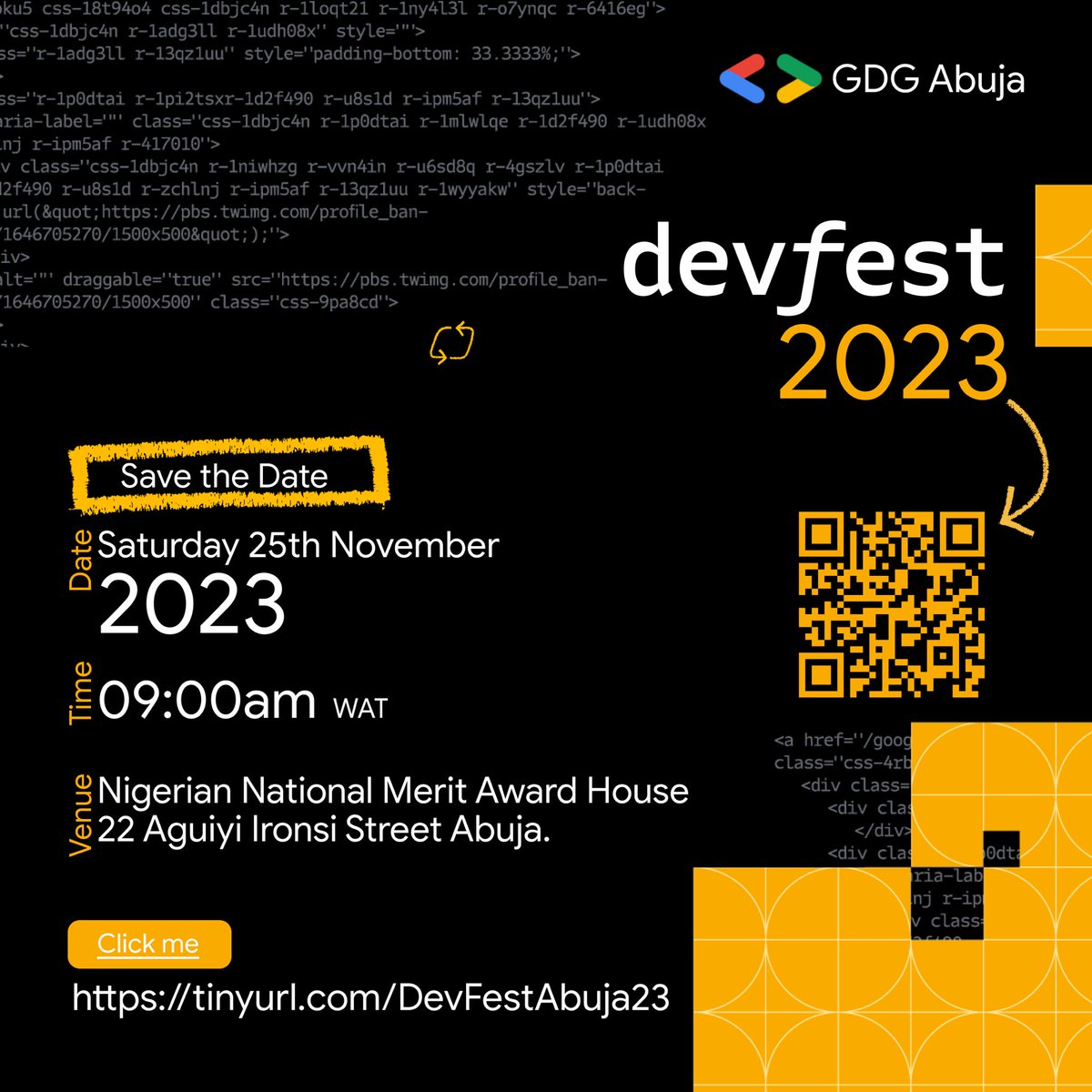 gdgabuja's tweet photo. The wait is over! and we're thrilled to announce the date for DEVFEST Abuja 2023! 🎉
Get ready to mark your calendars, tech enthusiasts! 🚀

Prepare for an electrifying day of insightful learning and dive into mind-blowing sessions, workshops, and talks led by tech experts. https://t.co/6myAgj4p4Z