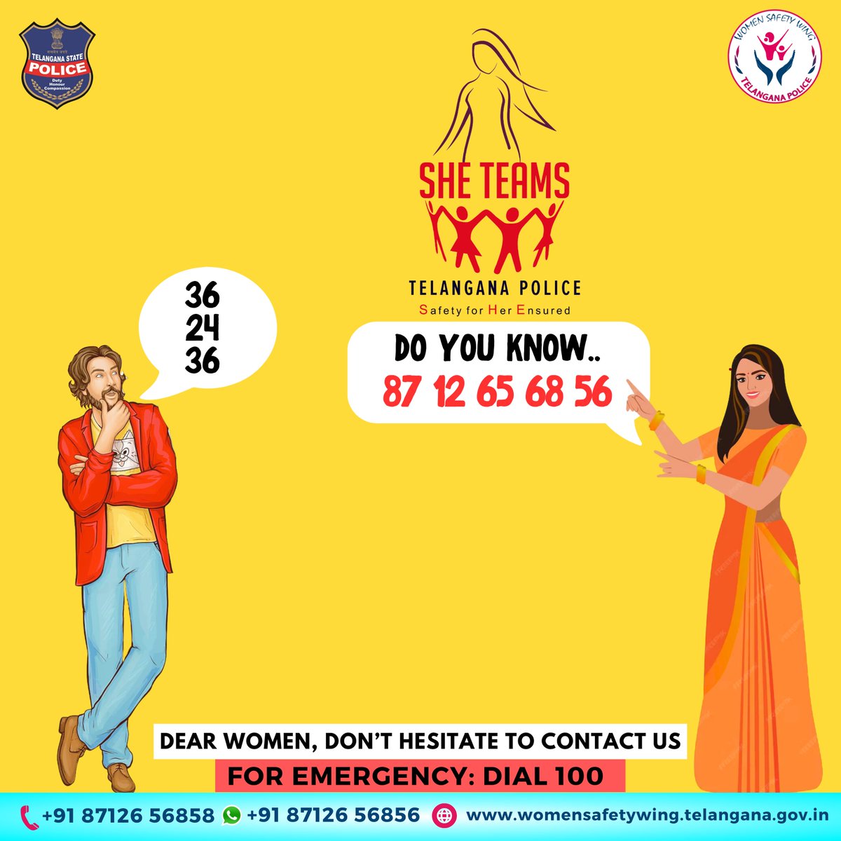 Dear Women, Don’t hesitate to call us.
We are always there for you.

⚠️WARNING: @TS_SheTeams are always watching you!

#SheTeams #WomenSafetyWing #TelanganaPolice #Women #Woman #StreetHarassment #Telangana #BeAware