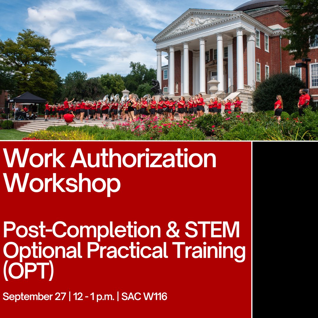 UofLIntlCenter's tweet photo. The next Work Authorization Workshop is tomorrow, Sept. 27 at 12 p.m. in SAC W116!! Join us to learn about Post-Completion and STEM Optional Practical Training (OPT). 

Don’t forget to RSVP by emailing isss@louisville.edu ✨ https://t.co/dQ7RV10vzo