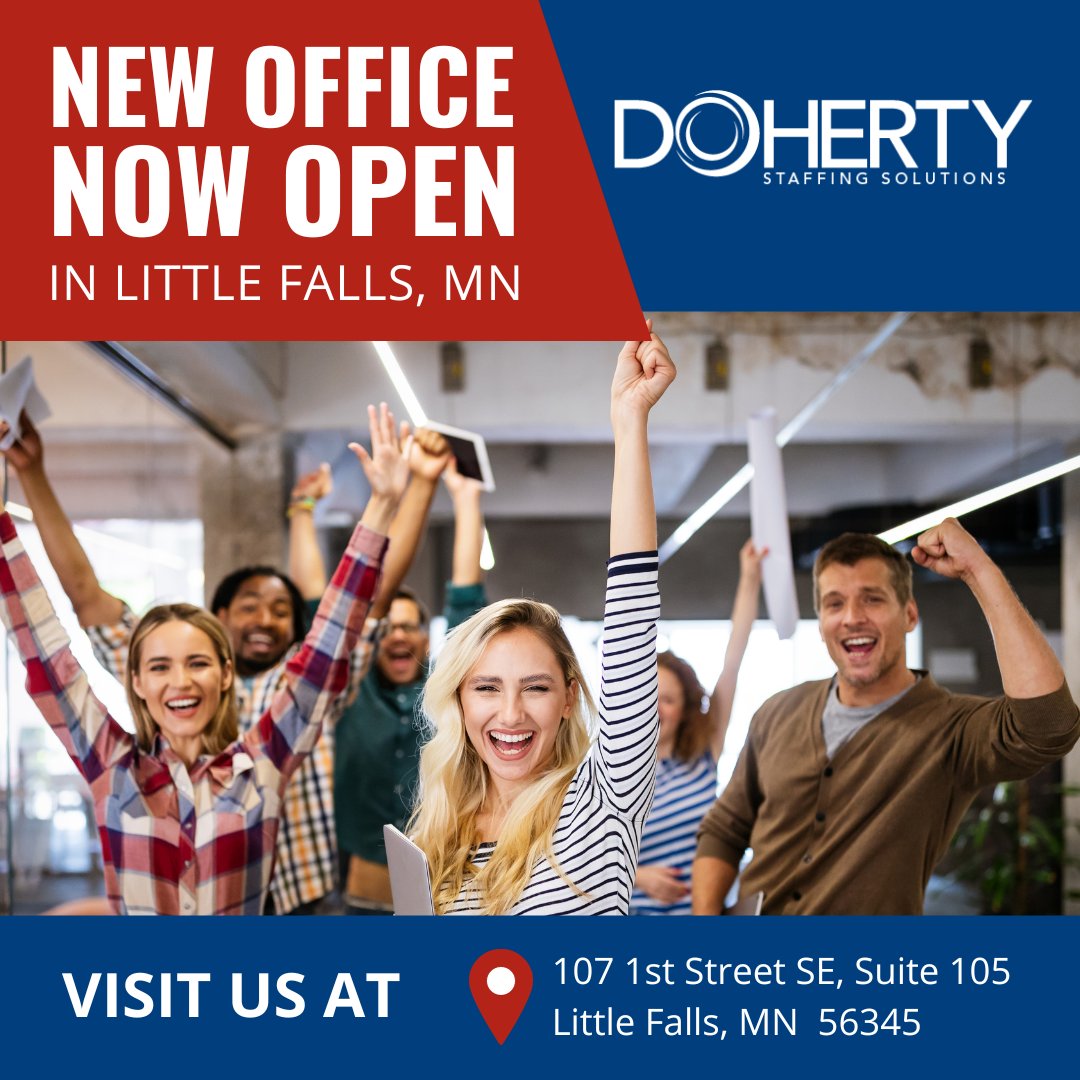 DohertyStaffing's tweet image. Hello, #LittleFallsMN 👋 Doherty is excited to announce the opening of our NEWEST office located at 107 1st Street SE, Suite 105.  Learn more about this expansion and new office location📣 ow.ly/wxIX50PPrFz

#Staffing #Recruiting #EmploymentExperts #WorkWithDoherty