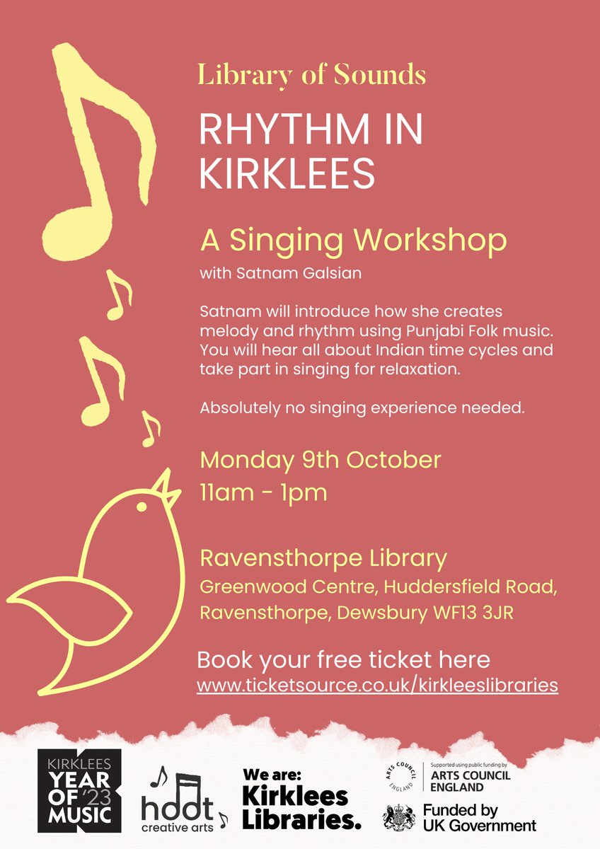 KirkleesLibrary's tweet image. Hoping to hum something tuneful to get people in rhythm for singing with @satnamvocalist at #Ravensthorpe Library on Monday, October 9 (11am - 1pm). Reserve your place via our Ticketsource page tinyurl.com/2x2aazky @HootMusic  @musicinkirklees #KYOM23