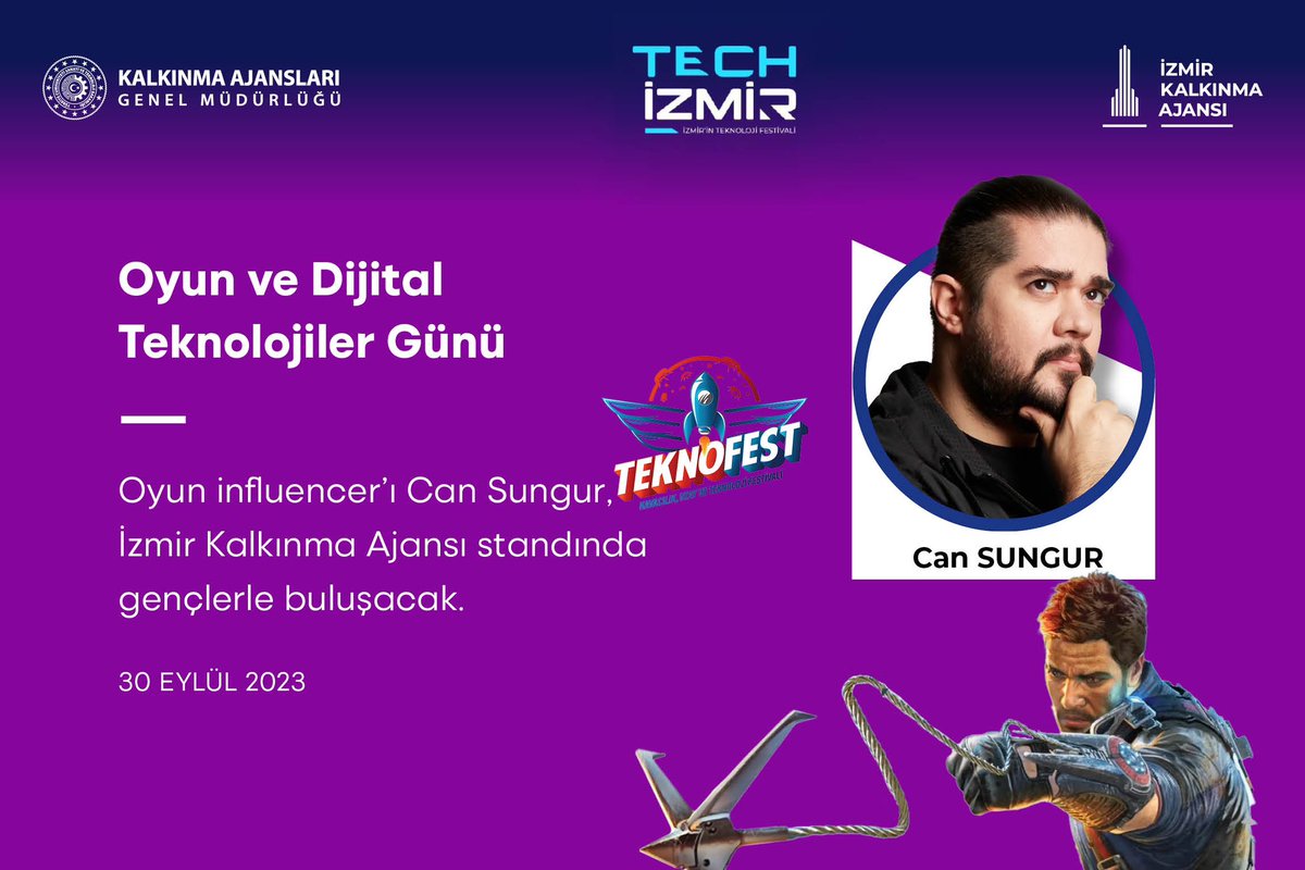 Oyun influencer’ı Can Sungur, İzmir Kalkınma Ajansı standında gençlerle buluşacak. 

🗓️30 Eylül 2023 

<a href="/izmirkalkinma/">İzmir Kalkınma Ajansı</a> 
<a href="/teknofest/">TEKNOFEST</a> 
 
#Techİzmir #teknofest2023🚀 #teknofest #teknofest2023 #oyun #influencer #game #izmir