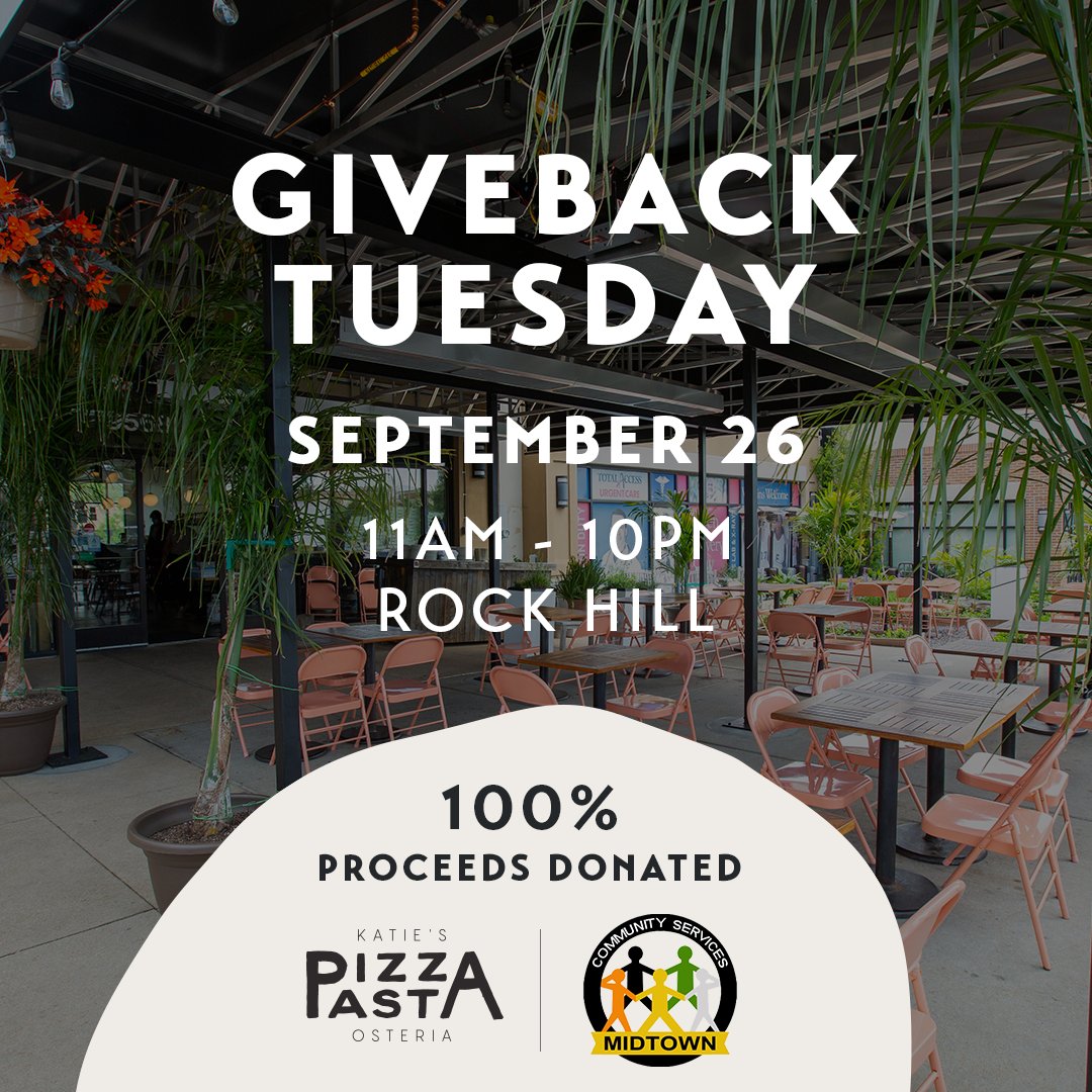 MidtownCS's tweet photo. Today's the day!! Please join Midtown and dine out at @KatiePizzaPasta in Rock Hill anytime between 11 am and 10 pm. 100% of all proceeds will benefit Midtown's infant, youth, and senior programs!!
#givebacktuesday
https://t.co/IqyXrvyOv1 https://t.co/MDAx35nUCp