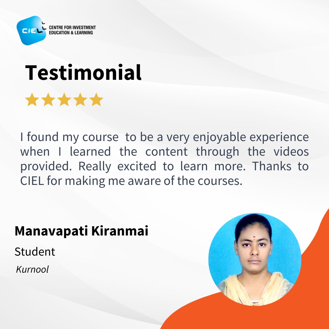 Thank you for the positive feedback. It validates our efforts to provide you with a valuable learning experience.
#CIELonlinecourses #financialadvisor #Testimonial #LearnerFeedback #CourseSuccess #BFSI #OnlineLearning #financialservices #nismtraining #nism