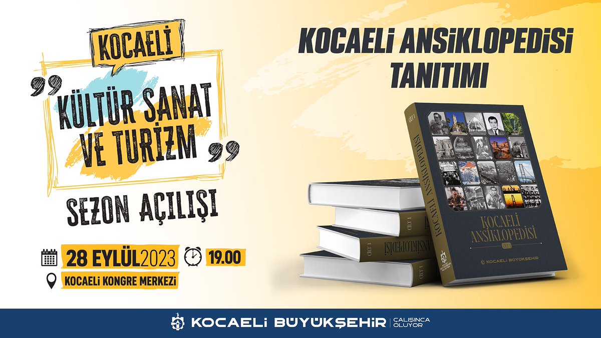 Kocaeli tarihi, edebiyatı, sanatı, mimarisi, sporu ve müziği başta olmak üzere bütün kültürel değerlerin yer aldığı Kocaeli Ansiklopedisi’nin tanıtımının da yapılacağı “Kültür, Sanat ve Turizm” sezon açılışı

🗓️ 28 Eylül Perşembe 
⏰ 19.00
📍 Kocaeli Kongre Merkezi’nde.