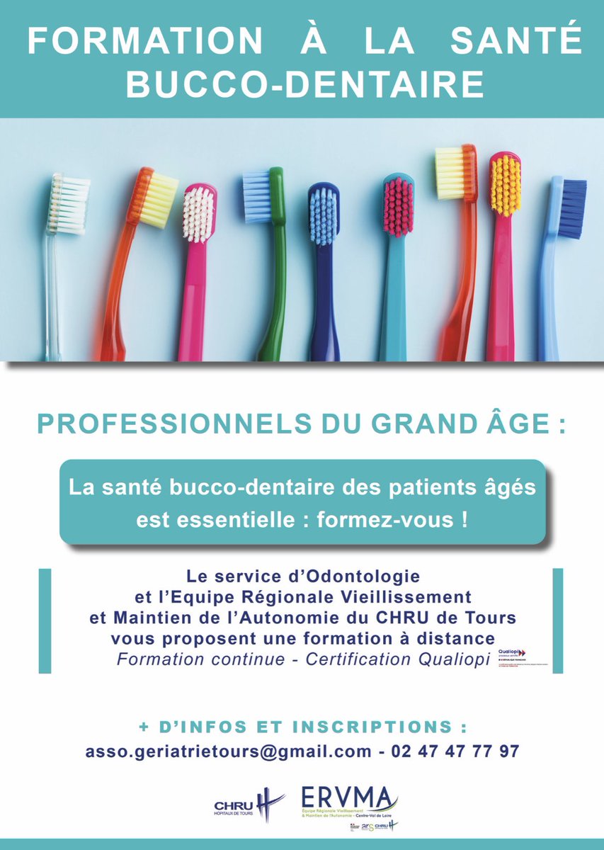 Il reste encore quelques places à la formation du #21novembre 😁🪥

Pour plus d’infos 👇

🔹Programme : 
chu-tours.fr/vieillissement…

🔹Inscriptions auprès de Madame Vanessa Pouteau asso.geriatrietours@gmail.com 

Inscrivez-vous ou faites partager l’information ! 🗣️