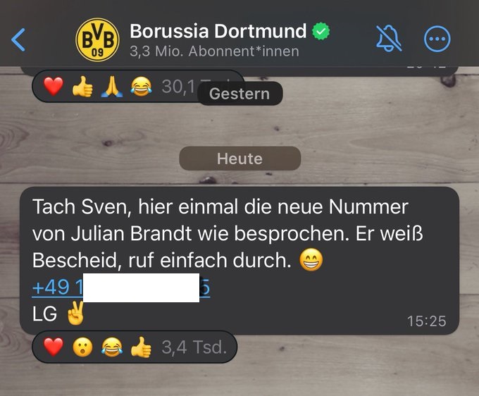 DerPoppe's tweet photo. Wenn ich das richtig sehe, hat der BVB gerade 3,3 Millionen Menschen und Sven die Nummer von Julian Brandt gegeben. LG ✌️ https://t.co/W08zi37dhQ