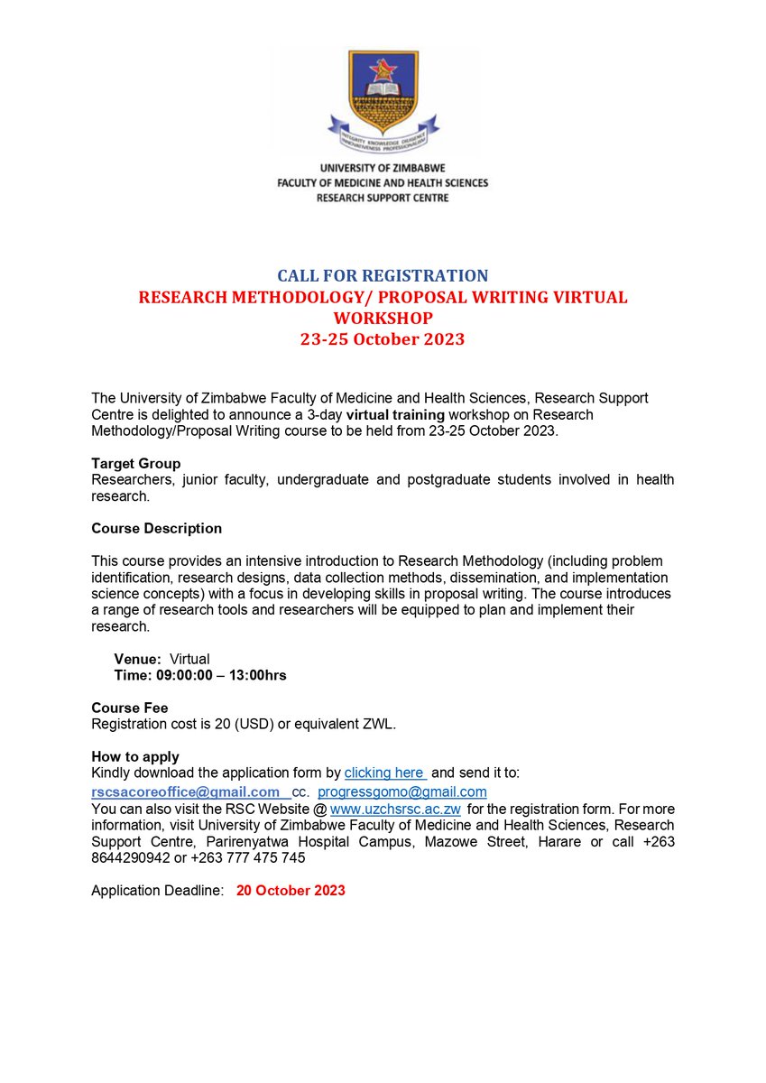 UZCHSRSC's tweet photo. The University of Zimbabwe Faculty of Medicine and Health Sciences, Research Support Centre is delighted to announce a 3-day virtual training workshop on Research Methodology/Proposal Writing course to be held from 23-25 October 2023.https://t.co/n5i5AiMGDG https://t.co/u74oPNZDTb