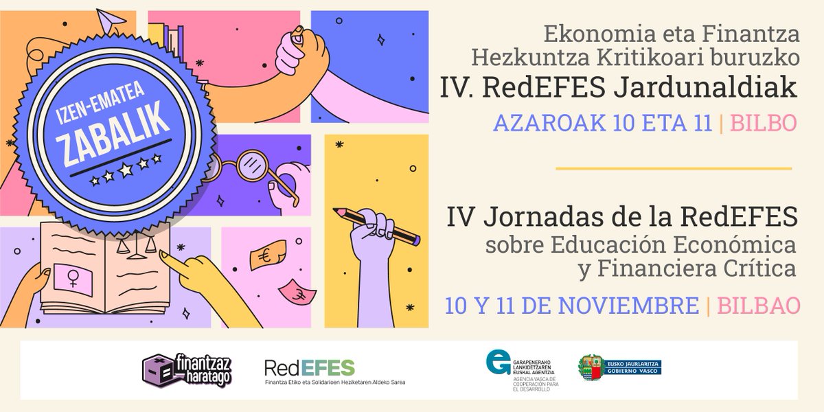 Ekonomia, ekintzailetza edota finantza hezkuntza kritikoa lantzen baduzu, ala ekonomia edota finantzetako irakaslea bazara, etor zaitez #IVRedEFESJardunaldiak-era.

Izen-ematea doan da: redefes.org/eu/jardunaldia…

📅 Azaroak 10 eta 11, #Bilbo-n.