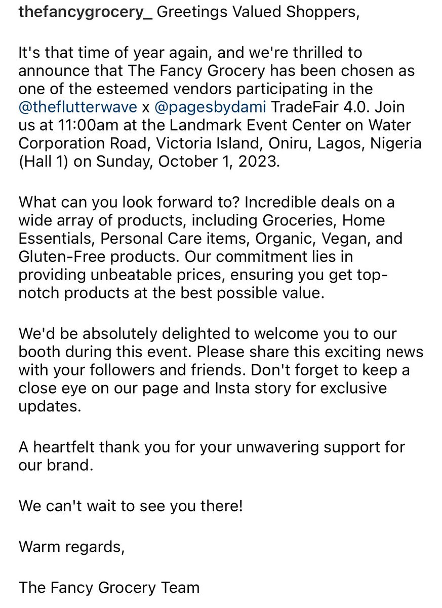 It's that time of year again, and we're thrilled to announce that The Fancy Grocery has been chosen as one of the esteemed vendors participating in the @theflutterwave x @pagesbydammy TradeFair 4.0. Join us at 11:00am at the Landmark Event Center on Sunday, October 1, 2023.