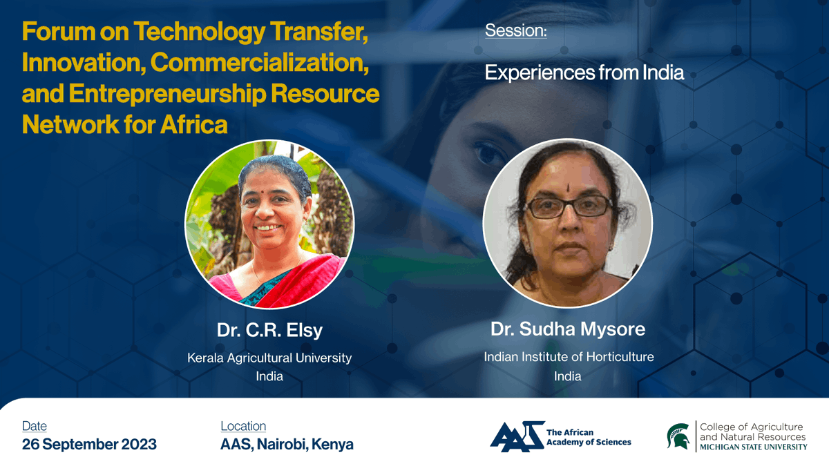 AASciences's tweet photo. Our final speakers of the day at the Technology Transfer Forum are Dr. C.R. Elsy & Dr. Sudha Mysore, who share their experiences on intellectual property #IP management & technology transfer programs in #India
#TechICE #Innovation #Tech
@CANRatMSU
@KeralaAgVarsity
@ICAR_IIHR https://t.co/2taA4pzIbB