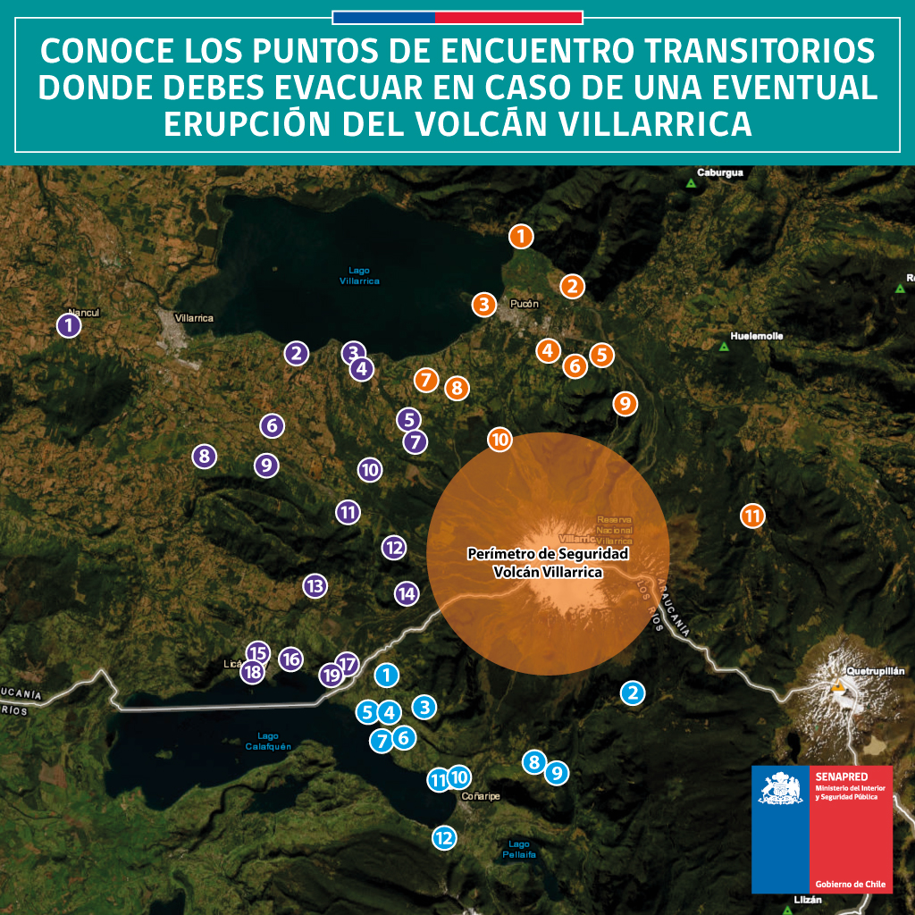 Senapred's tweet photo. Debido a la actividad del #VolcánVillarrica, el Sistema Nacional de Prevención y Respuesta ante Desastres (#SINAPRED) estableció un perímetro de seguridad en un radio de 8 km desde el cráter activo 🌋

Si viajas a La Araucanía o Los Ríos, recuerda los Puntos de Encuentro Transitorios. 👇🏻

Más info actualizada en https://t.co/2NyenhDQsw