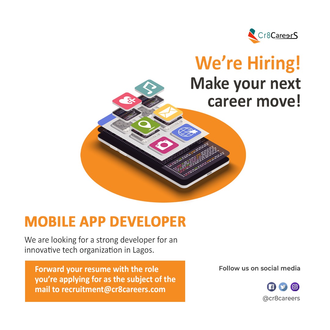 #wearehiring | We are looking to employ a #mobileappdeveloper for designing, coding, testing, and maintaining mobile applications.
.............................
#hiringnow #nowhiring #jobsinlagos #jobseeking #jobseekers #jobseeker #recruitment #Recruiting #hiring #jobsinnigeria
