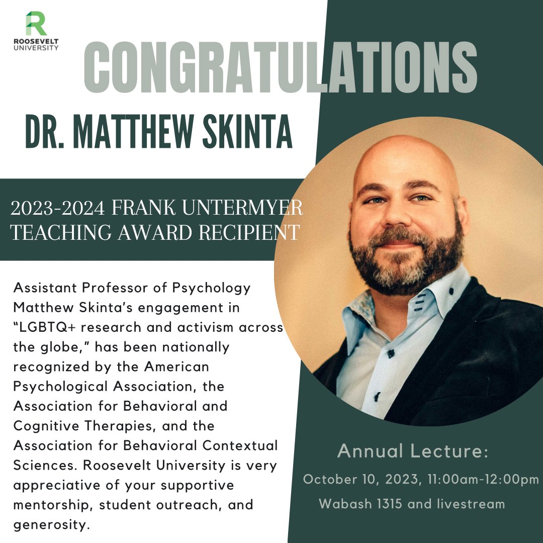 Congratulations, Dr. Skinta, the 2023 Frank Untermyer Teaching Award recipient! Join us for the annual Frank Untermyer Lecture on October 10, 2023, 11:00am-12:00pm in Wabash 1315 and on livestream.