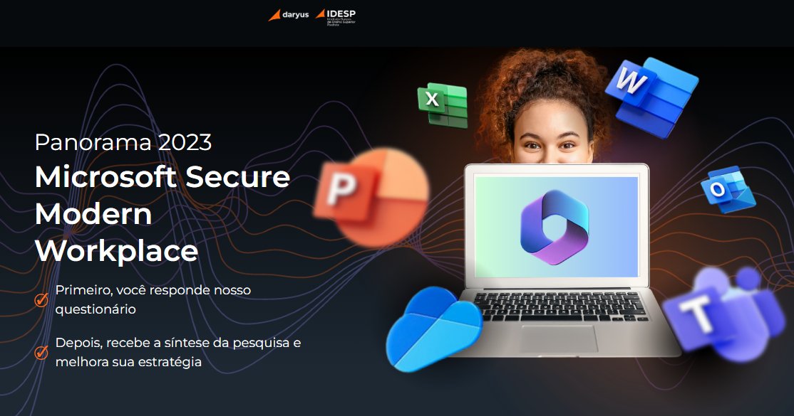cdodt's tweet photo. Panorama Microsoft Modern Secure Workplace 2023 

Nos últimos anos, enfrentamos uma das maiores crises globais da história recente. Durante esse período, muitas organizações optaram por um modelo de trabalho remoto, que agora evolui para um formato híbrido ou semipresencial.

Embora nem todas estivessem prontas para essa mudança, soluções como o Microsoft 365 emergiram como ferramentas essenciais na transformação digital acelerada. Em meio a essa revolução, o #Microsoft Secure Modern Workplace (MMSW) tem impulsionado novas formas de colaboração – inclusive em empresas que já retornaram completamente para o modo presencial. Mas, estamos realmente desvendando todo o seu potencial?

Conforme adaptamos nossa maneira de trabalhar e conduzir negócios, compreender o panorama brasileiro do #MMSW se torna crucial. E é aqui que entra a nova pesquisa da DARYUS, na qual sua participação é vital.

Mas por que participar da nossa pesquisa? Veja alguns bons motivos:

- 📈 #EntendimentoProfundo: Aprofunde-se nas tendências e práticas atuais do mercado brasileiro.

- 💡 #ImpactoDireto: Suas respostas moldarão estratégias e decisões de líderes e organizações.

- �� #FeedbackValioso: Seja um dos primeiros a receber um estudo consolidado, e veja como sua organização se compara ao mercado.

- 🎧 Chance de ganhar um Microsoft Modern Wireless Headset, conjunto de teclado e mouse da Microsoft e acesso ao curso SC-900 Fundamentos em Segurança, Conformidade e Identidade da Microsoft.

O futuro do trabalho está em construção, e sua perspectiva é valiosa. Contribua com o grupo Daryus e enriqueça o panorama do Modern Workplace no Brasil em 2023.

Participe agora mesmo da pesquisa aqui: https://t.co/crQ7ras1PX