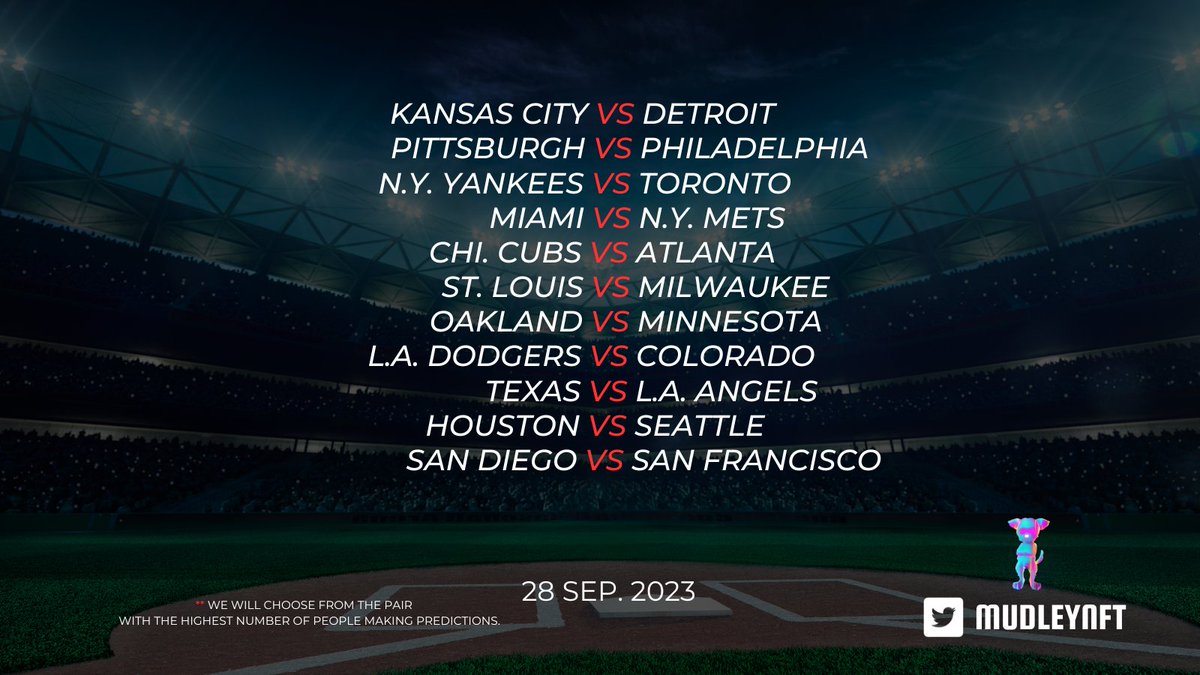 MudleyNFT's tweet photo. 📢MudleyNFT daily prediction is now open!!
 - RT and comment your prediction include #mudleydaily in your comment before 27 SEP 2023 11.59 AM(UTC+7) and wait for the good news. 

📌This event is restricted to MudleyNFT owners only. #mudleynft #BaseBall https://t.co/c1brLRlJUl