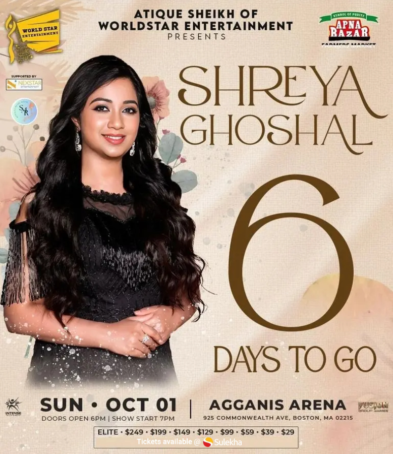 indianeventsusa's tweet photo. 6 Days to Go for Musical Magic in Boston! @shreyaghoshal Live on October 1st!
Book Your Tickets Here: https://t.co/ADAwCtaS4L
#ShreyaGhoshal #AgganisArena #ShreyaGhoshalUSATour #BostonNightLife #BostonEvents #EventsInBoston #ConcertTickets #WorldStarEntertainment https://t.co/AMwuztyssZ