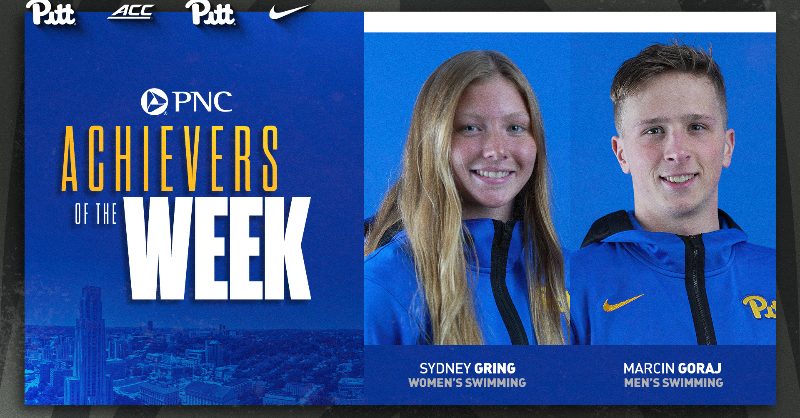 Pitt_ATHLETICS's tweet photo. Presenting this week's @PNCBank Achievers of the Week:

@Pitt_SWIM_DIVE: Sydney Gring
@Pitt_SWIM_DIVE: Marcin Goraj

#H2P | #PNCAchievers
