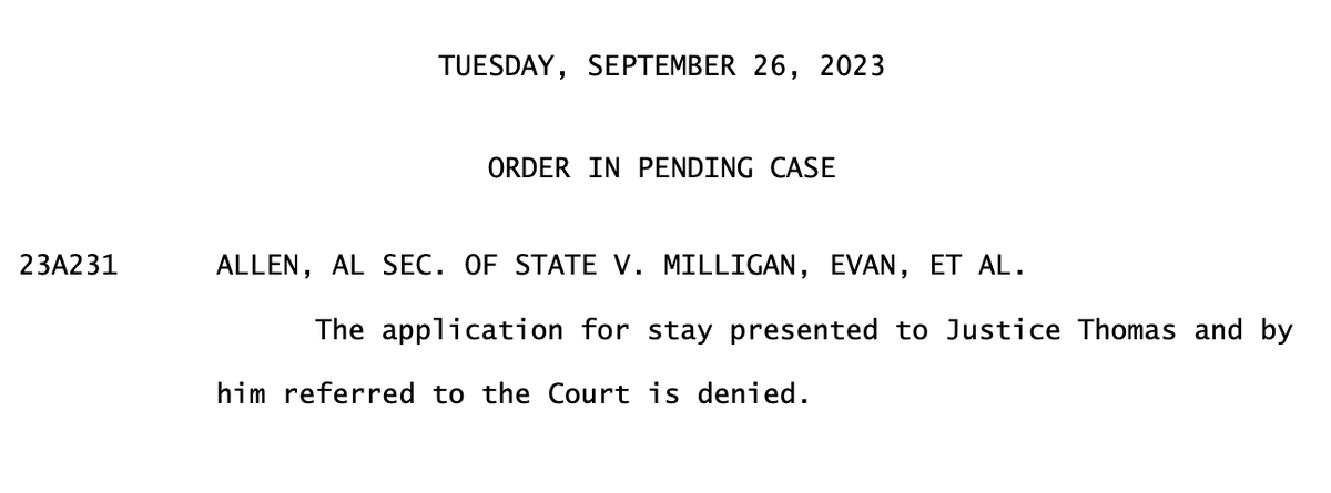 DemocracyDocket's tweet image. BREAKING: In a win for voters, the U.S. Supreme Court denies Alabama's request to reinstate its illegal congressional map. The lower court will continue the process of drawing a map with two majority-Black districts as litigation moves forward. democracydocket.com/cases/alabama-…