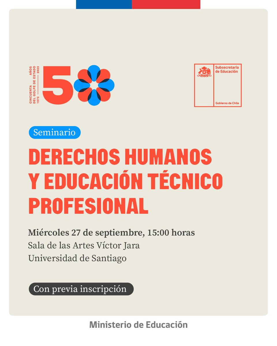 ¡Atención docentes y directivos! Les invitamos a participar de este espacio de diálogo y reflexión por el resguardo, reconocimiento y promoción de los derechos humanos en el ámbito de la Educación media Técnico Profesional Inscríbete aquí 👉bit.ly/3EQrfHl #50AñosDelGolpe