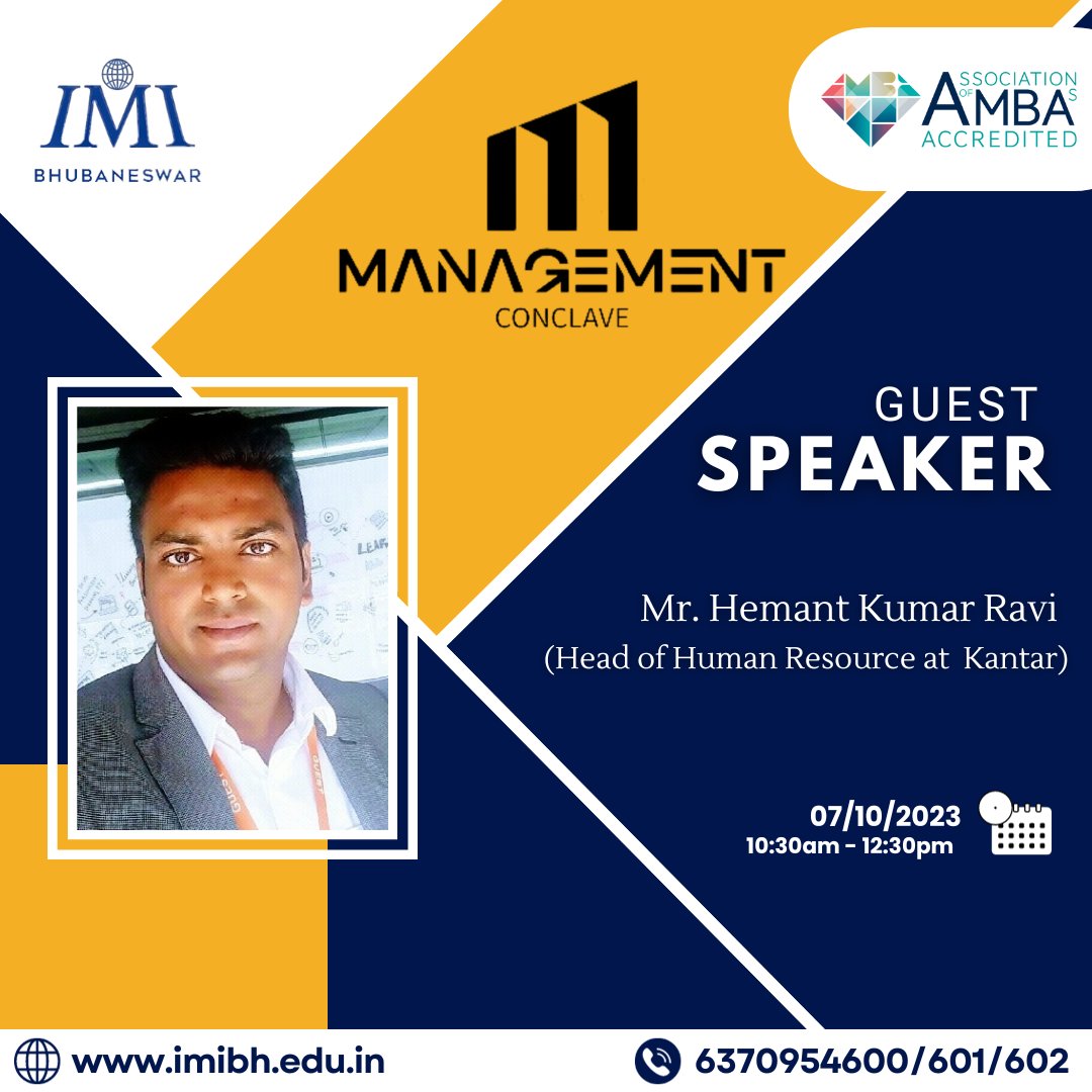 IMI_Bhubaneswar's tweet image. Join us at IMI Bhubaneswar's Management Conclave on October 7, 2023, featuring experts like Mr. Bimal Kumar Roul, Ms. Bobby Patnaik, and Mr. Hemant Kumar Ravi. Don't miss it!

#IMIBH #ManagementConclave
