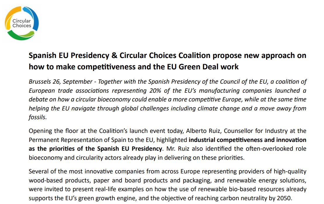 Together with @eu2023es, a coalition of trade associations representing 20% of the #EU’s manufacturing companies launched a debate on how a circular ♻️#Bioeconomy could enable a more competitive Europe.
Our promise is to mitigate carbon emissions in the 🇪🇺 to the equivalent of at