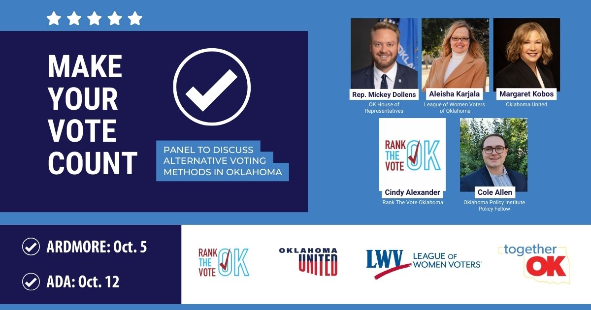 🤔 How would #RankChoiceVoting work in Oklahoma? Why do we have closed primaries?

🎤 Join us in Ardmore on Oct. 5 and in Ada on Oct. 12 to discuss voting and elections in Oklahoma with the experts! 🔗 togetherOK.org/Events
<a href="/RankTheVoteOK/">RankTheVoteOK</a>
<a href="/Oklahoma_United/">Oklahoma United</a>
<a href="/LWVOklahoma/">LWV Oklahoma</a>
<a href="/OKPolicy/">Oklahoma Policy Institute</a>