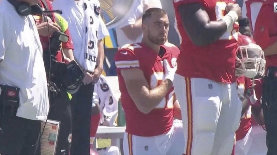 Not only is this chump @tkelce pushing the deadliest injection in history FOR MONEY He's kneeling for the anthem But, at least his gf is hot #beta #sellout